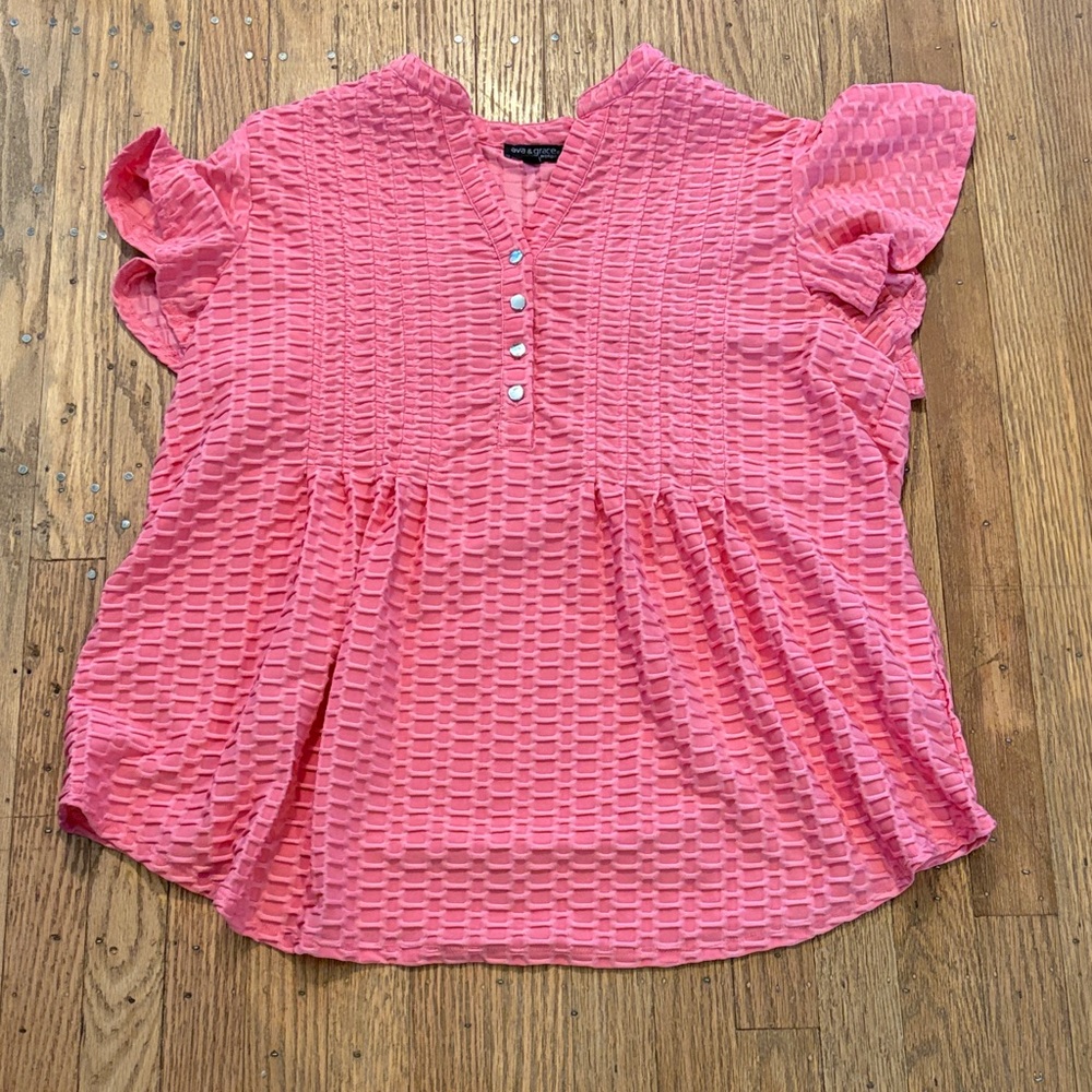 Ava & Grace Waffle Weave Top Flutter Cap Sleeves Mandarin Collar Pink 1X
